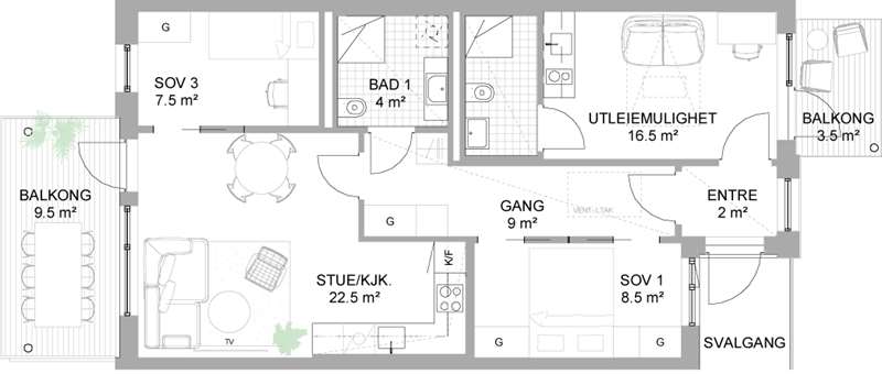 Leilighet med utleiedel